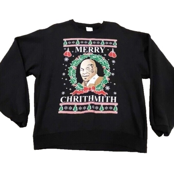Ugly Christmas Holiday Sweatshirt Mike Tyson "Merry Chrithmith" Black Size M - Picture 1 of 4